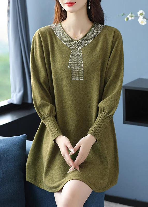 Elegant Tea Green V Neck Zircon Woolen Sweater Dress Winter