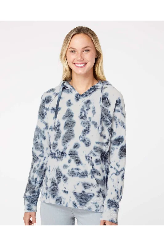 MV Sport Womens Courtney Burnout V-Notch Hooded Sweatshirt Hoodie w/ Pouch Pocket - Navy Blue Tie Dye - Closeout