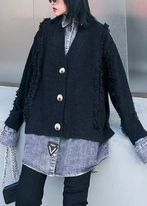 Cozy black knit coats plus size patchwork false two pieces knit sweat tops