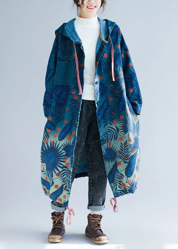 Italian Navy drawstring Print Hooded Coat Spring