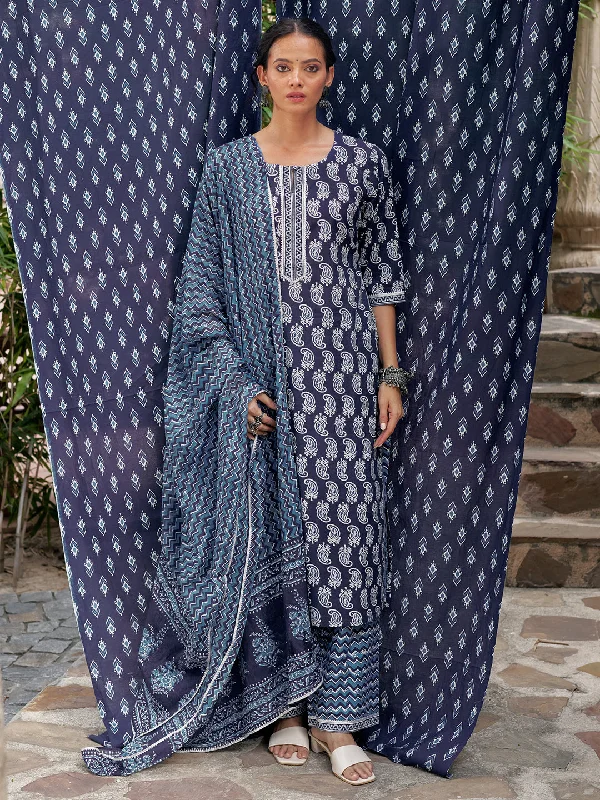 Indigo Printed Cotton Straight Suit With Dupatta