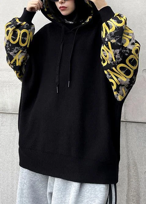 Cozy black Letter crane tops hooded fall fashion knitwear