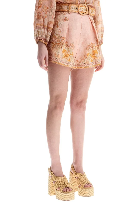 Zimmermann High-Waisted Floral Cream Linen Shorts