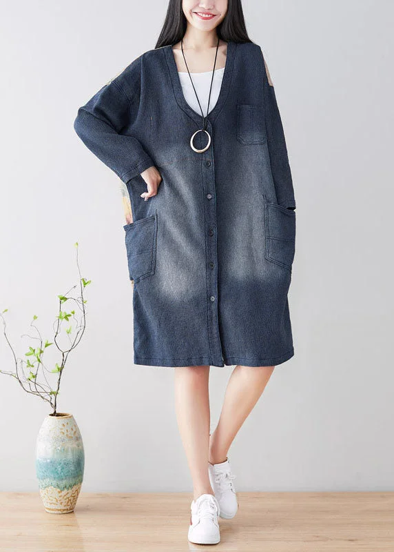 diy Blue V Neck Patchwork trench coats Spring