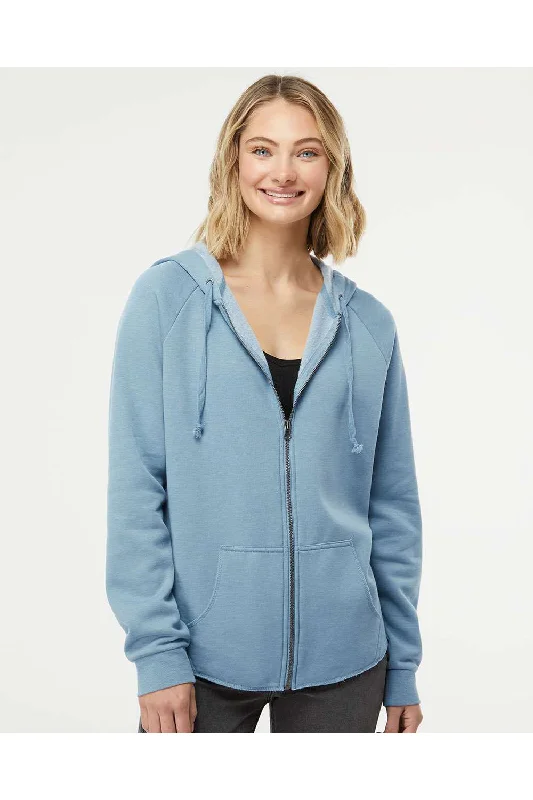 Independent Trading Co. Womens California Wave Wash Full Zip Hooded Sweatshirt Hoodie w/ Pockets - Misty Blue