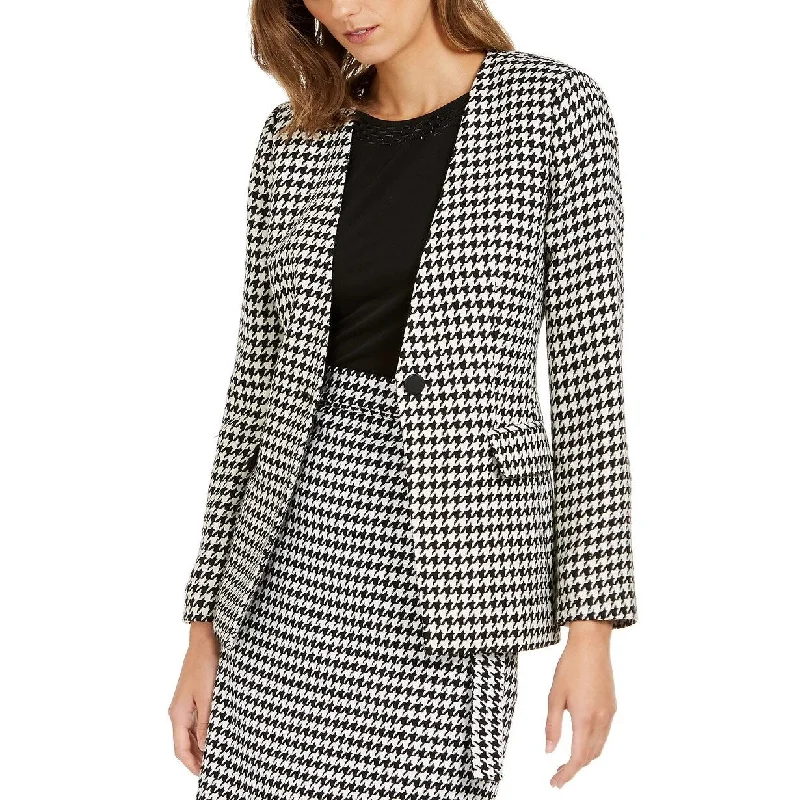 Calvin Klein Women's Houndstooth Print Button Blazer Grey Size 4