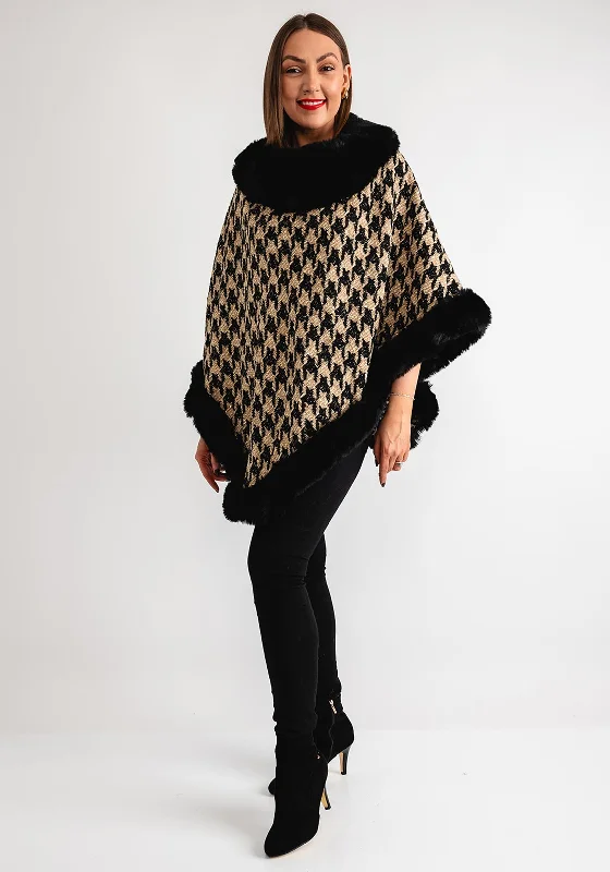 Serafina Collection Houndstooth Faux Fur Trim One Size Poncho, Beige