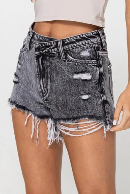 High Rise Asymmetical Distressed Shorts In Charcoal