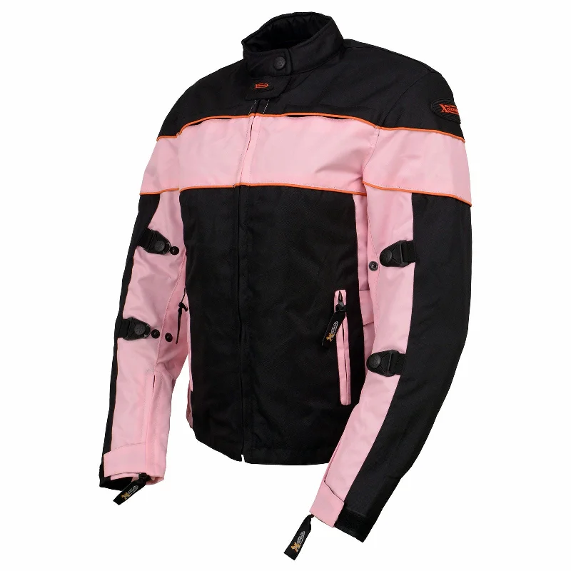 Xelement CF462 Women's 'Pinky' Black and Pink Tri-Tex Motorcycle Jacket with X-Armor Protection