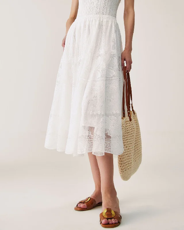 White Lace Elastic Waist Midi Skirt