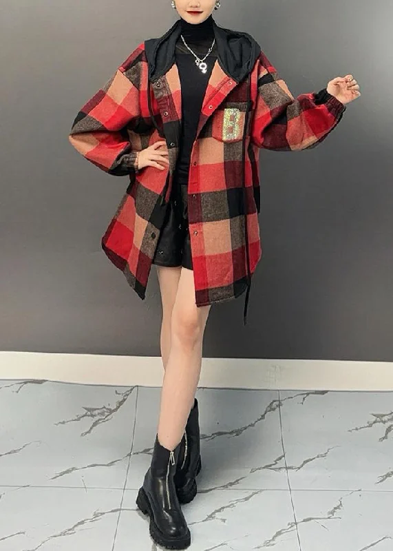 Beautiful Red Plaid Asymmetrical Button Thick Woolen Hooded Coat Winter