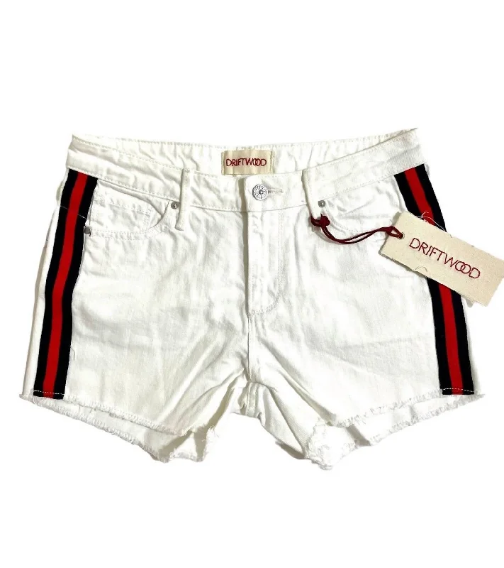 Women's Raw Hem Side Stripe Jean Shorts In White