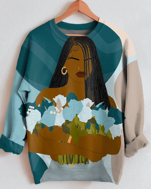 Blue Flower Brown Girl Long Sleeve Sweatshirt