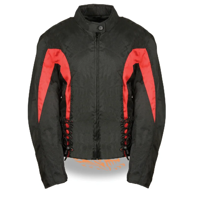 Nexgen SH2188 Women's Black and Red Textile Motorcycle Riding Jacket with Side Stretch and Lacing