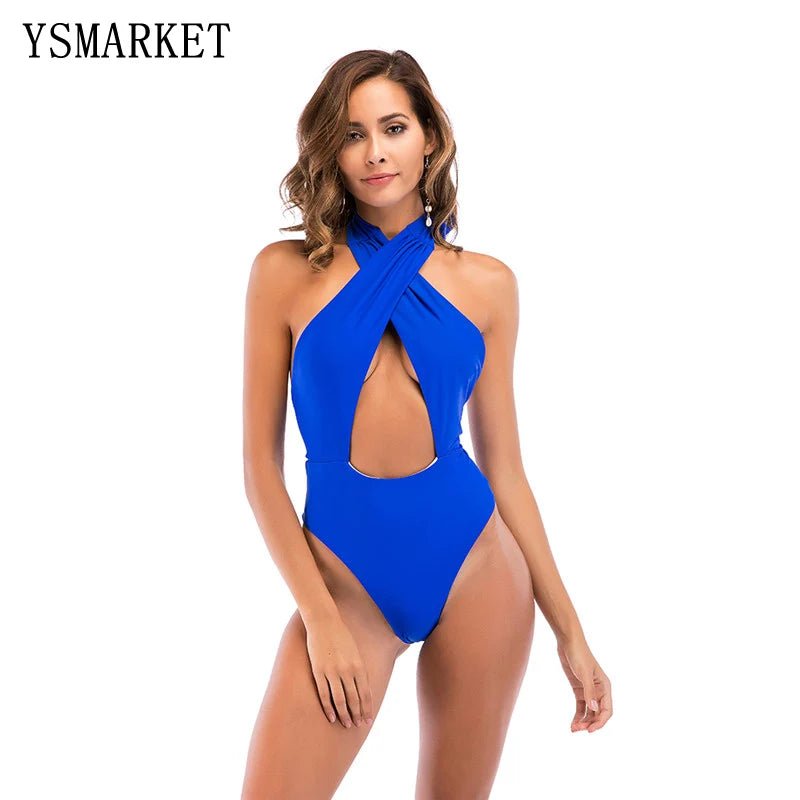 Sexy Lady Hanging Neck One-Piece Swimsuit - Solid Color - Womens Swimwear