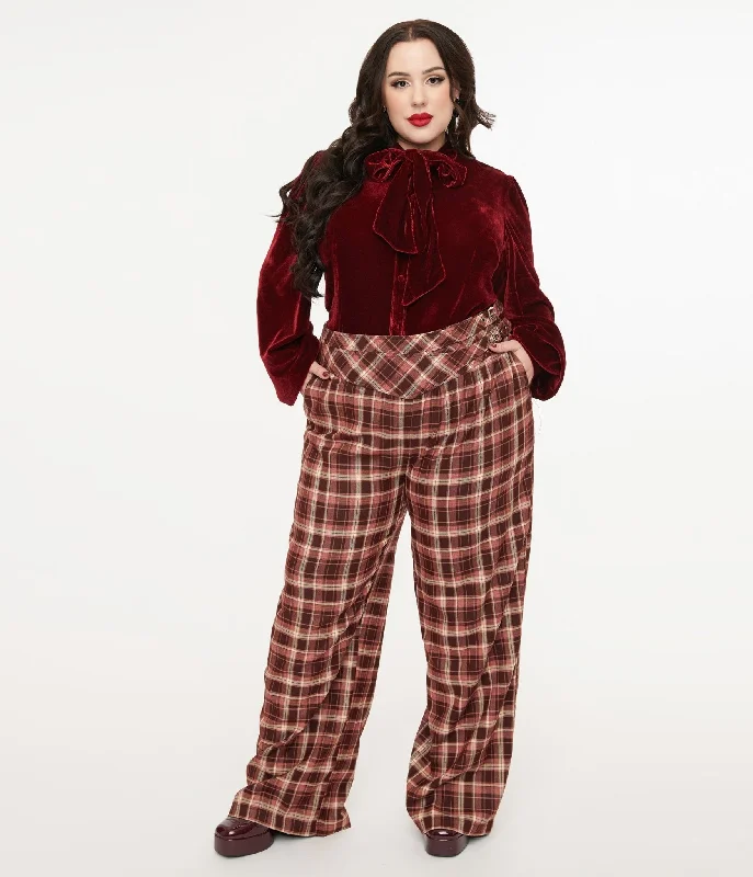 Unique Vintage Plus Size Burgundy Plaid Double Belt Woven Pants