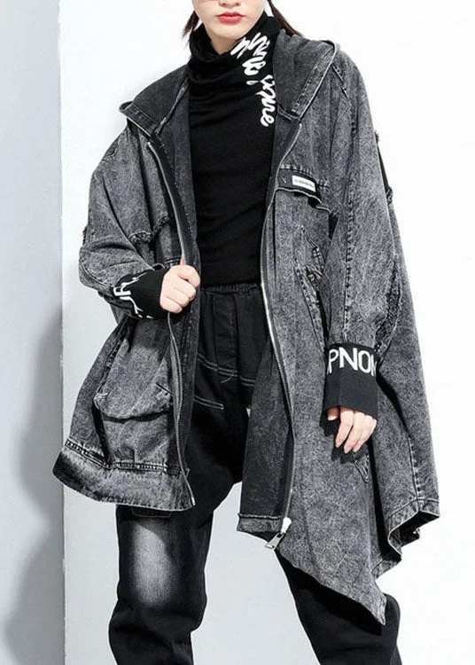 Italian Black Hooded asymmetrical design denim Coat Spring