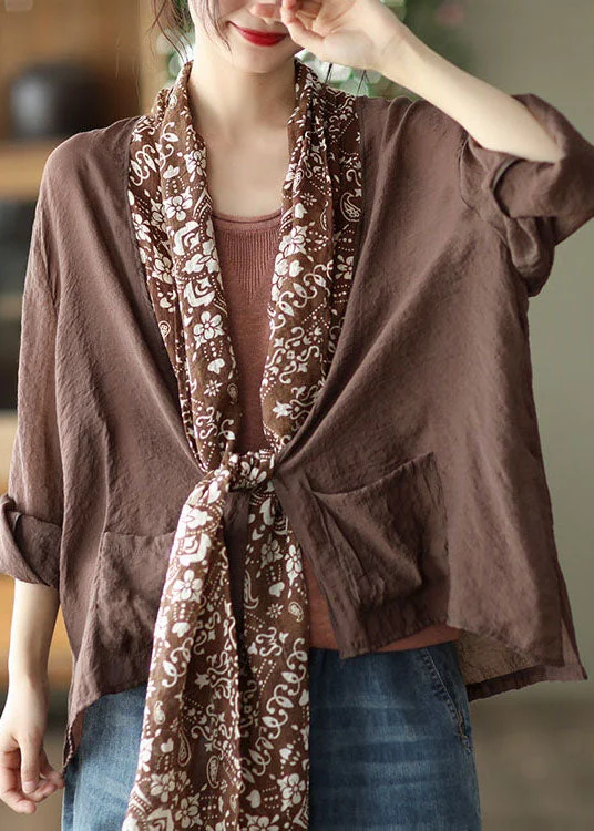 Coffee Colorblock Pockets Print Linen UPF 50+ Coat Long Sleeve