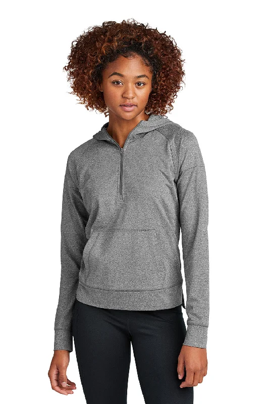 Sport-Tek Womens Sport-Wick Moisture Wicking 1/4 Zip Hooded Sweatshirt Hoodie w/ Pouch Pocket - Heather Charcoal Grey - New