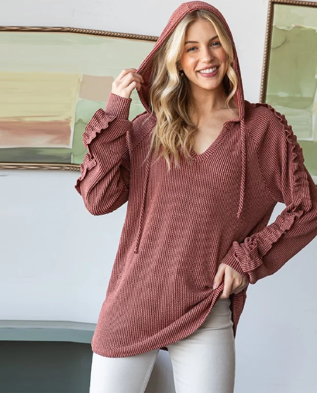 Plus V-Neck Hoodie Urban Ribbed Top with Ruffle Sleeves