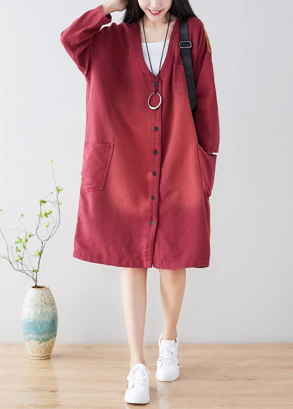 Plus Size French Red Pockets Casual Coat Spring