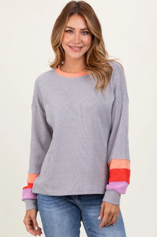 Heather Grey Waffle Knit Colorblock Long Sleeve Top