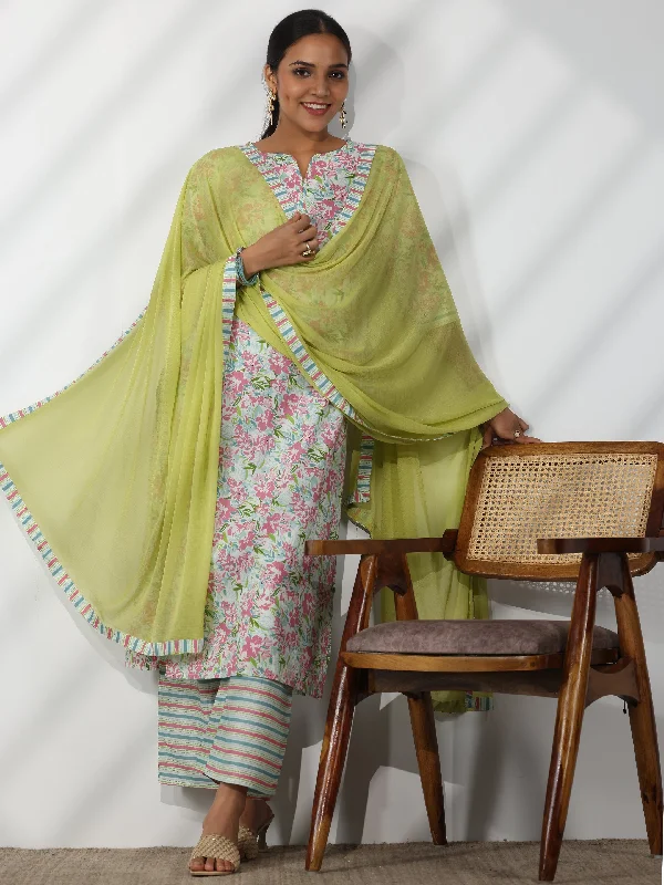 Off White Printed Cotton Straight Suit With Dupatta