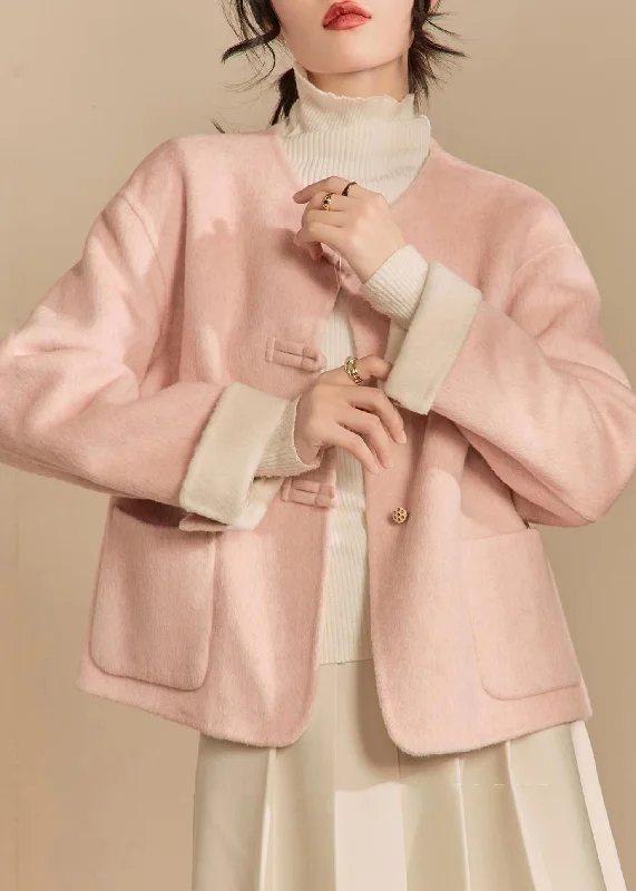 Loose Pink O Neck Button Pockets Woolen Coat Winter