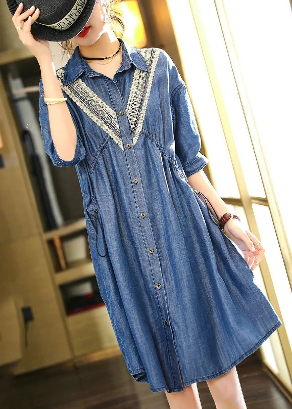 French Blue Embroideried Patchwork Lace Denim Dress Summer