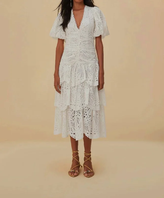 Cotton Eyelet Puff Sleeve Midi Dress In White