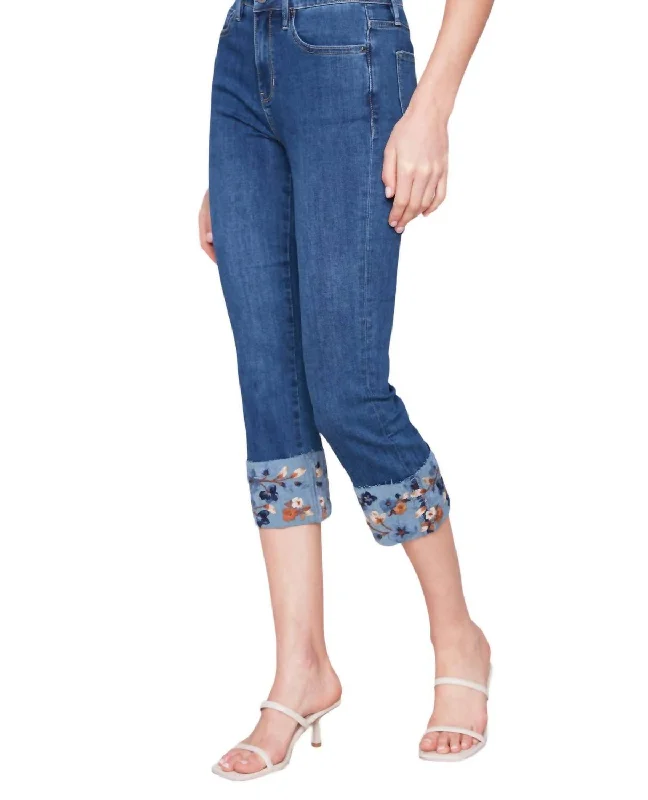 Embriodered Cuffed Ankle Pants In Indigo