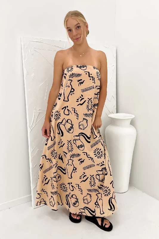 Sloane Maxi Dress Tan Black Aztec Vase